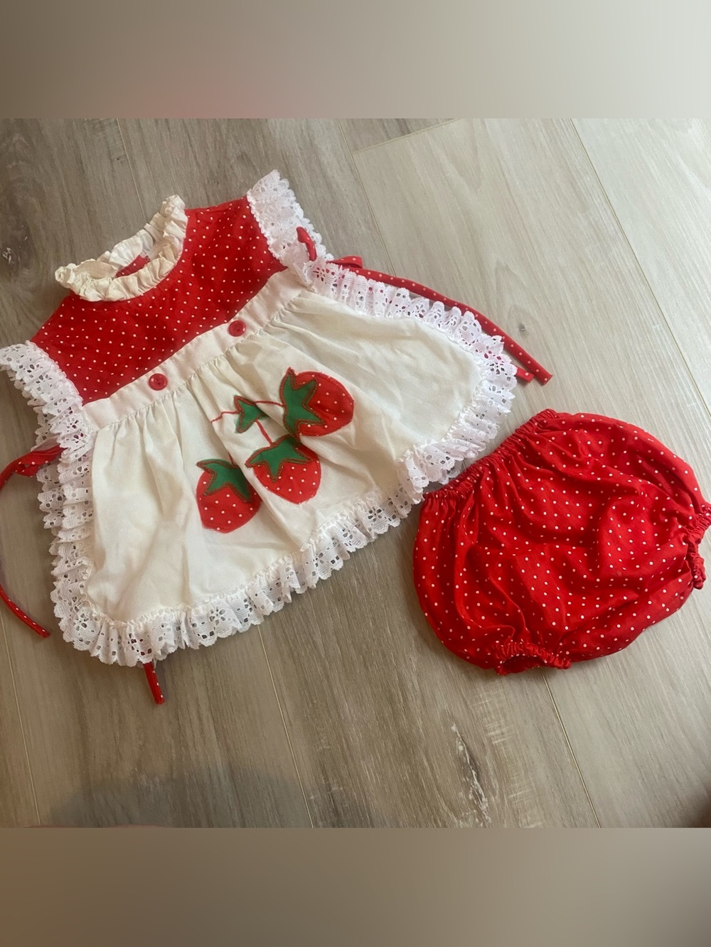 Red & White Strawberry Dress and Bloomers Set for Babies 9 months